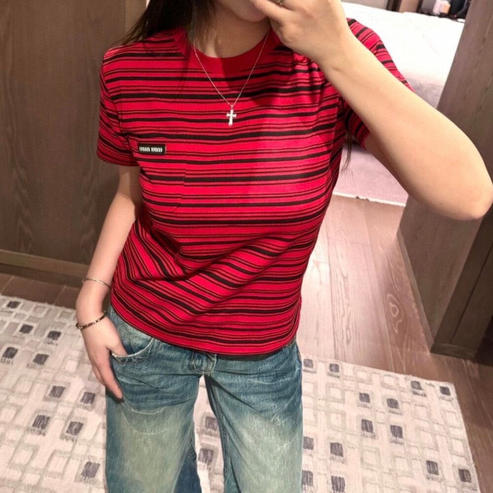 Miu Miu  Women Fashion Trendy Red Plaid Stripe Short Sleeve
